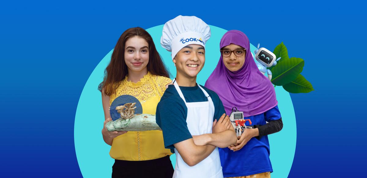 A girl holding an art project, a boy wearing a cooking uniform and another girl holding a robot